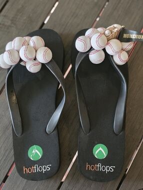 Hotflops Women’s Black Flip Flops with White Baseball Accent
